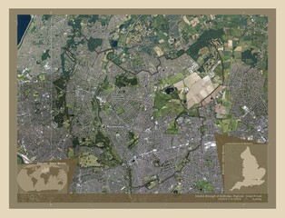 London Borough of Redbridge, England - Great Britain. High-res satellite. Labelled points of cities