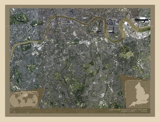 London Borough of Southwark, England - Great Britain. High-res satellite. Labelled points of cities