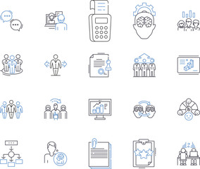 Management and business outline icons collection. Management, Business, Strategy, Planning, Organizing, Leadership, Teamwork vector and illustration concept set. Administration, Marketing, Logistics