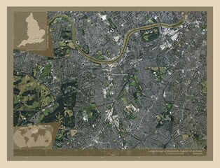 London Borough of Wandsworth, England - Great Britain. High-res satellite. Labelled points of cities