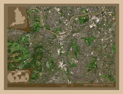 London Borough of Wandsworth, England - Great Britain. Low-res satellite. Labelled points of cities