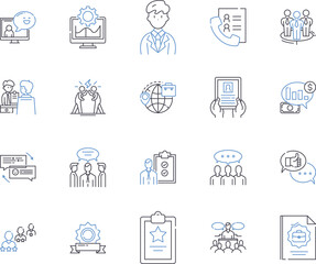 Social media management outline icons collection. Social, Media, Management, Networking, Monitoring, Scheduling, Engagement vector and illustration concept set. Content, Posting, Strategy linear signs