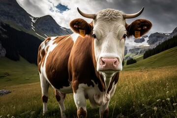A brown and white cow is shown up close on a lush alpine meadow. superior photograph. Generative AI - obrazy, fototapety, plakaty