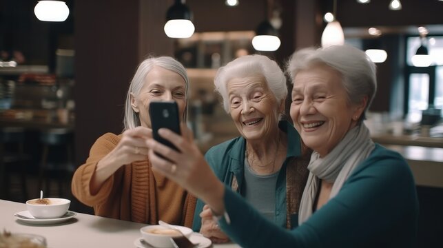 Three senior women enjoying breakfast drinking coffee at bar cafeteria - Lifestyle concept with the mature female taking selfie picture with the smart mobile phone device
