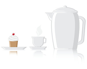 vector design of a teapot containing white hot tea and there is also a white glass or bowl beside it to pour it in and there is also a cake with red cherries on top which is to the left of the glass