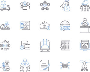 International finance outline icons collection. Finance, International, Global, Trading, Investing, Payments, Banking vector and illustration concept set. Cross-border, Currency, Recession linear