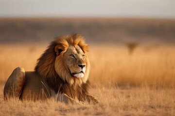Plakat Lion portrait on savanna landscape - Generative AI