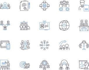 Business meeting outline icons collection. Business, Meeting, Conference, Gather, Committee, Strategy, Network vector and illustration concept set. Plan, Agenda, Negotiate linear signs - obrazy, fototapety, plakaty