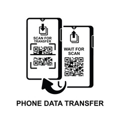 Phone data transfer icon. Smartphone scan QR code for transfer data from old phone to new phone. 