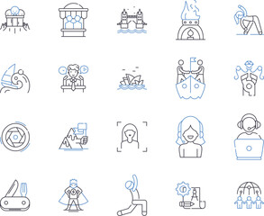 Activities and tourism outline icons collection. Activities, Tourism, Recreation, Sightseeing, Exploring, Adventure, Vacation vector and illustration concept set. Hiking, Fishing, Biking linear signs