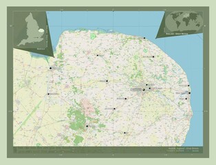 Norfolk, England - Great Britain. OSM. Labelled points of cities