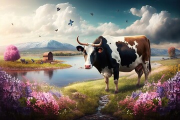 Cow in the meadow with flowers and mountains in the background.