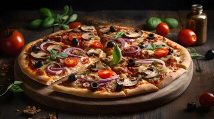 Obraz na płótnie Canvas Vegetarian pizza with tomatoes and mushrooms, closeup photography wallpaper, horizontal format 16:9. Generative AI
