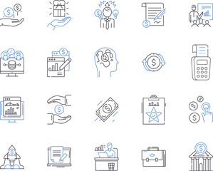 Bookkeeping outline icons collection. Bookkeeping, Accounting, Finances, Ledger, Records, Balance, Reconcile vector and illustration concept set. Transaction, Expenses, Income linear signs