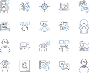 Artificial intelligence learning outline icons collection. AI, Learning, Artificial, Intelligence, Machine, Neural, Networks vector and illustration concept set. Data, Science, Algorithms linear signs