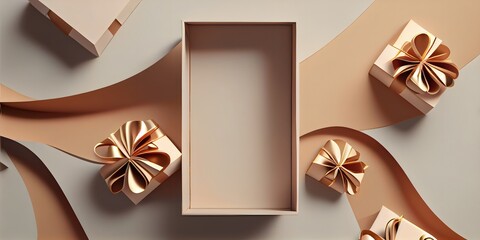 background display for product presentation or text. Falling gift box with gold ribbon. Beige, nude pedestal showcase. Ai generative