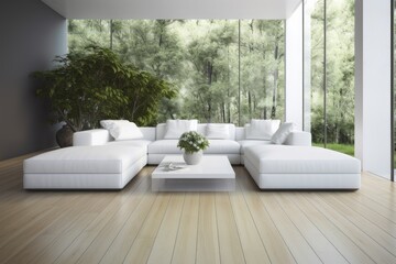 a living room with a white couch and plants on the hardwood floor. Generative AI