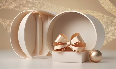 3D podium display, Gift background for product presentation or text. Gift box with gold ribbon. Beige backdrop Nude pedestal showcase. Present Branding banner. Ai generative