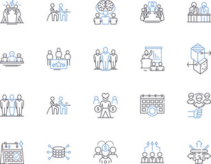 Staff members outline icons collection. Employees, Personnel, Associates, Colleagues, Investigators, Staffers, Workers vector and illustration concept set. Professionals, Operatives, Executives linear - obrazy, fototapety, plakaty