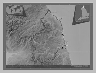 Northumberland, England - Great Britain. Grayscale. Labelled points of cities