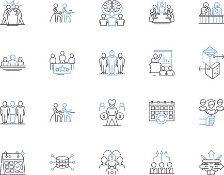 Staff members outline icons collection. Employees, Personnel, Associates, Colleagues, Investigators, Staffers, Workers vector and illustration concept set. Professionals, Operatives, Executives linear