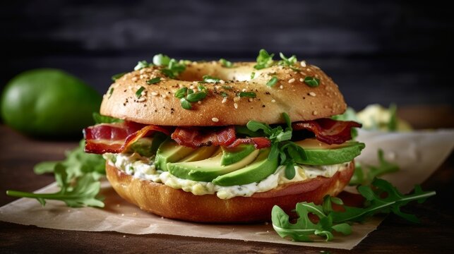 Close up of bagel stuffed with bacon rucola generative AI