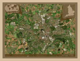 Norwich, England - Great Britain. Low-res satellite. Labelled points of cities