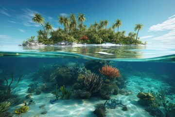 Fototapeta na wymiar Corals and reef under water, with Lush tropical shore landscape above the surface - AI Generated