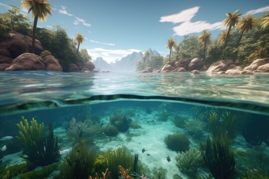 Corals and reef under water, with Lush tropical shore landscape above the surface - AI Generated