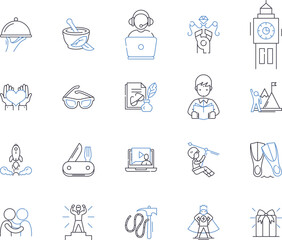 Sustainable travel outline icons collection. Eco-tourism, Responsible, Ecotourism, Conserve, Climate-friendly, Renewable, Sustainable vector and illustration concept set. Reduce, Carbon-offsetting