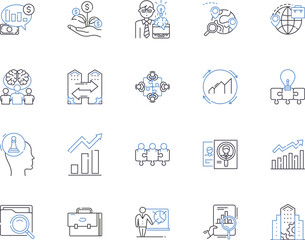 Business metrics outline icons collection. Revenue, Profit, Cost, Efficiency, Demand, Quality, Pricing vector and illustration concept set. Production, Performance, Volume linear signs