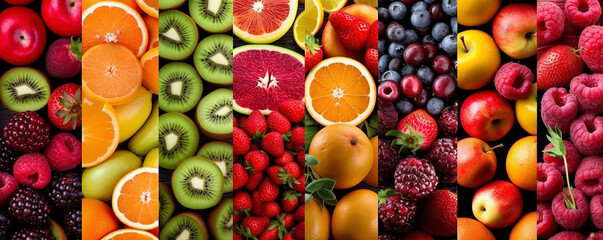 Collage made of fruit assortment, Summer food concept, healthy fruits and berries assortment, seamless pattern ,Generative AI 