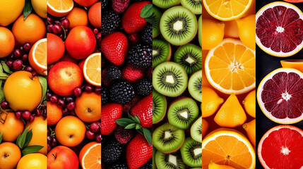 Collage made of fruit assortment, Summer food concept, healthy fruits and berries assortment, seamless pattern ,Generative AI 