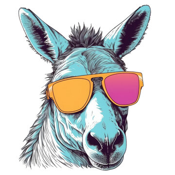 Portrait of a Asno Andaluz donkey with colorful style T-shirt Design, wearing Sunglasses, Vector illustration on Transparent Background
