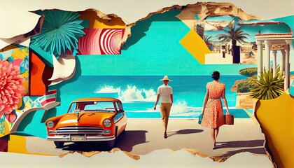 travel concept, colorful retro style graphics, summer vacational journey, ai generated