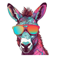 Portrait of a Asno Criollo donkey with colorful style T-shirt Design, wearing Sunglasses, Vector illustration on Transparent Background - obrazy, fototapety, plakaty