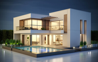 Fototapeta na wymiar Modern house with garden at night with pool. AI Generated