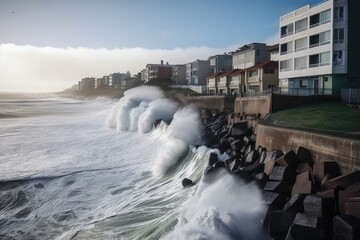 tsunami waves crash against tall seawall protecting coastal city, created with generative ai