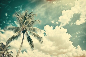 Sky background with a vintage coconut tree. Generative AI