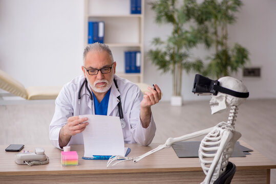 Old male doctor examining skeleton in the clinic
