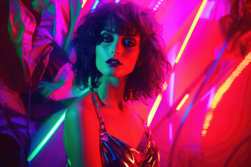 Fototapeta na wymiar A young brunette retro 1980s woman in vintage neon pink and red UV lights with copy space, generative ai