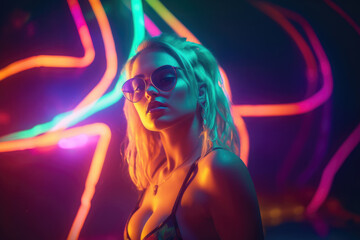 A retro 1980s girl wearing vintage sunglasses in neon UV lights with copy space, generative ai