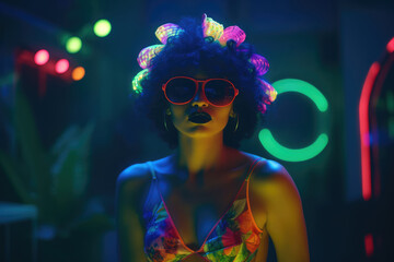 A retro 1980s girl wearing vintage sunglasses in neon UV lights night with copy space, generative ai