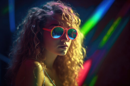 A  young blonde retro 1980s woman wearing vintage sunglasses in neon UV lights with copy space, generative ai