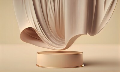 3D display podium, beige background with pedestal and flying nude color silk cloth curtain. Nature wind. Beauty, cosmetic product presentation stand. Luxury feminine mockup. Ai generative
