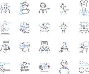 Management staff outline icons collection. Manager, Staff, Leadership, Supervisor, Administrator, Organizer, Planner vector and illustration concept set. Director, Coordinator, Personnel linear signs