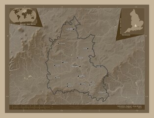 Oxfordshire, England - Great Britain. Sepia. Labelled points of cities