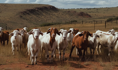 Obraz premium Photo of Boer goats grazing on the tall grass in African savannah, with rolling hills and sparse vegetation in the background. Generative AI