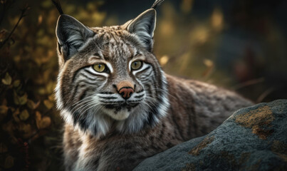 Naklejka na ściany i meble Bobcat (lynx rufus) perched on rocky outcropping with distinctive tufted ears alert. Its coat, patterned with spots & stripes blends seamlessly into the rugged terrain of its habitat. Generative AI