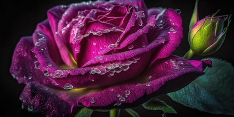 a recently bloomed, moist rose in macro photography Image displaying the 2023 year's color, Viva Magenta. Generative AI